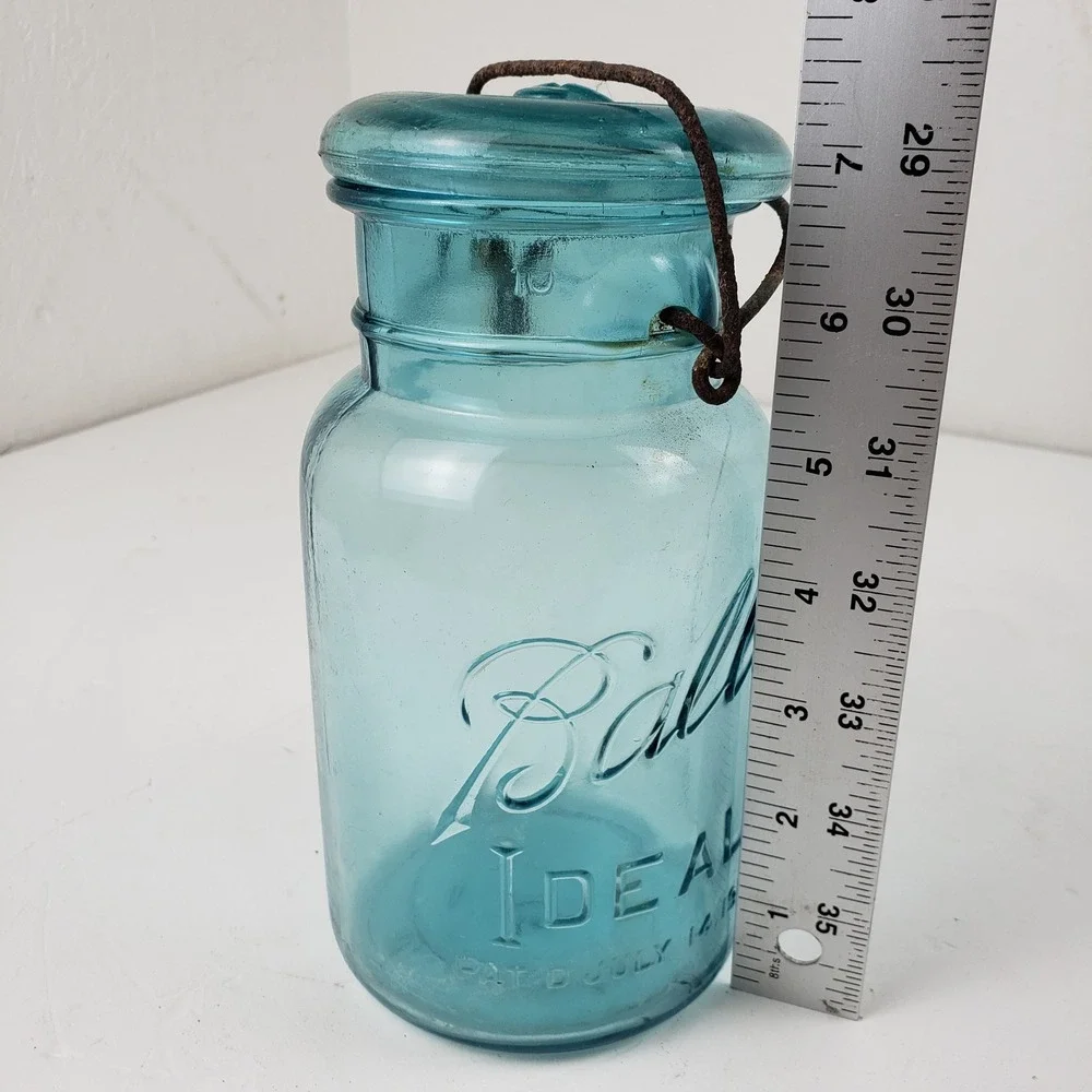 Vintage Ball Ideal Aqua Blue Glass Canning Jar Patent July 14 1908 Wire Bail Lid